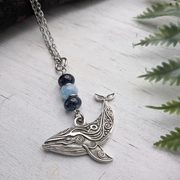 Silver Whale Pendant Necklace with Blue Accents - Picture 2 of 5